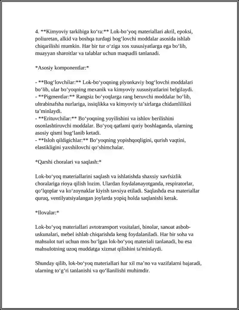 MUSTAQIL ISH Mavzu: LOK-BOʻYOQ MATERIALLARI TEXNOLOGIASINI ASOSIY TUSHUNCHALARI VA ATAMALARI 4