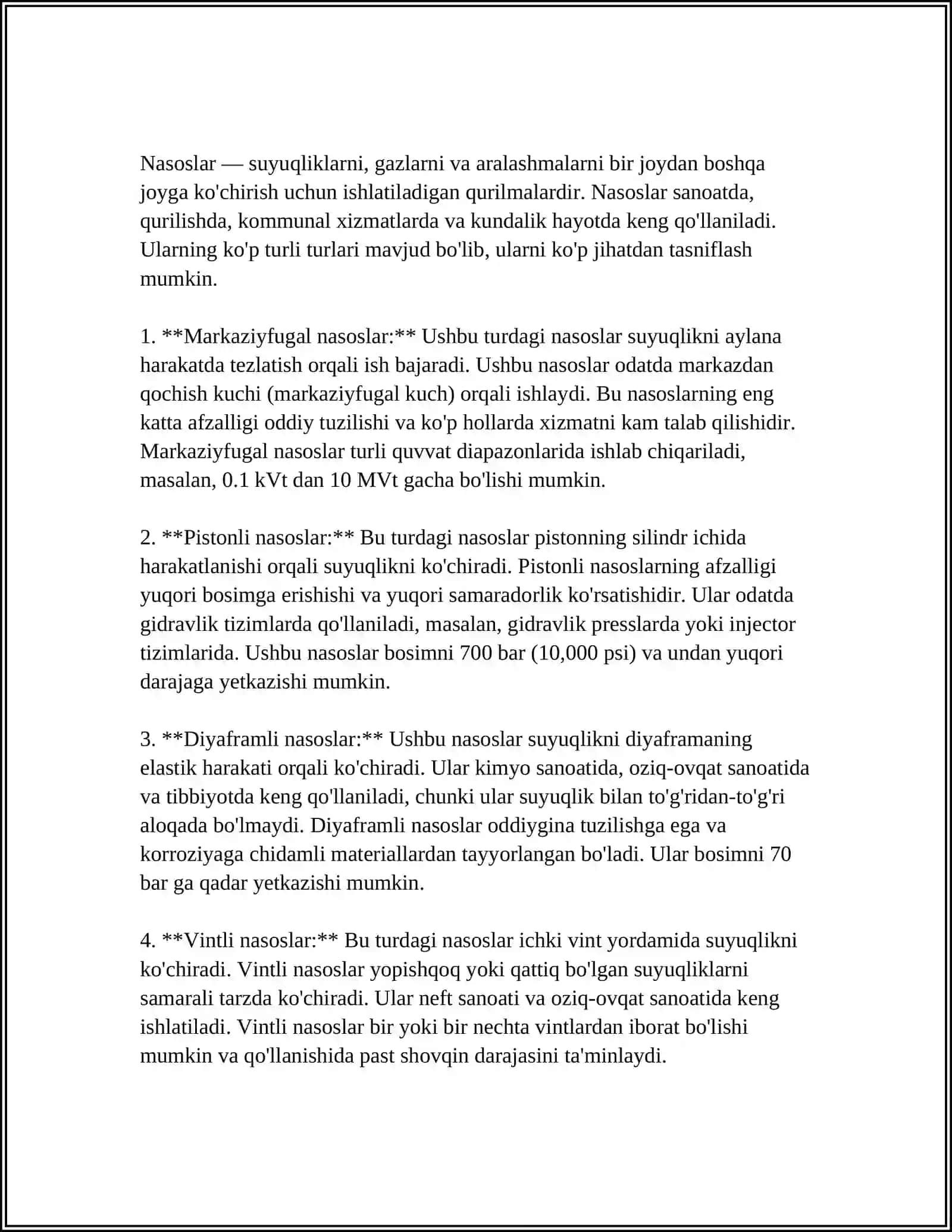 MUSTAQIL ISH Mavzu: GIDROMASHINALAR VA NASOSLAR 4
