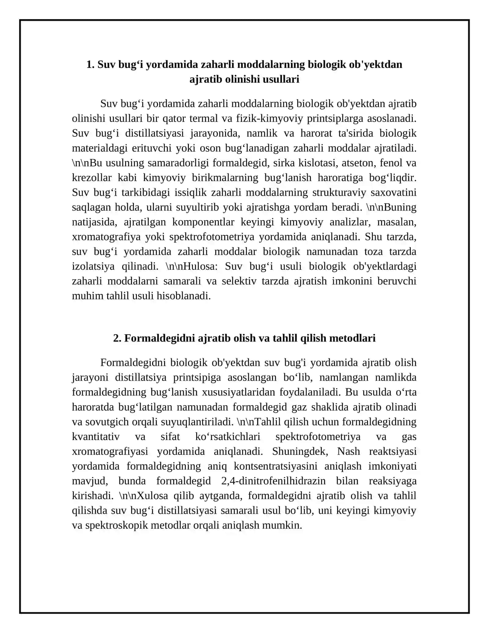 Biologik ob'yektdan suv bug'i yordamida ajratib olinadigan zaharli moddalami tahlil usullari 4