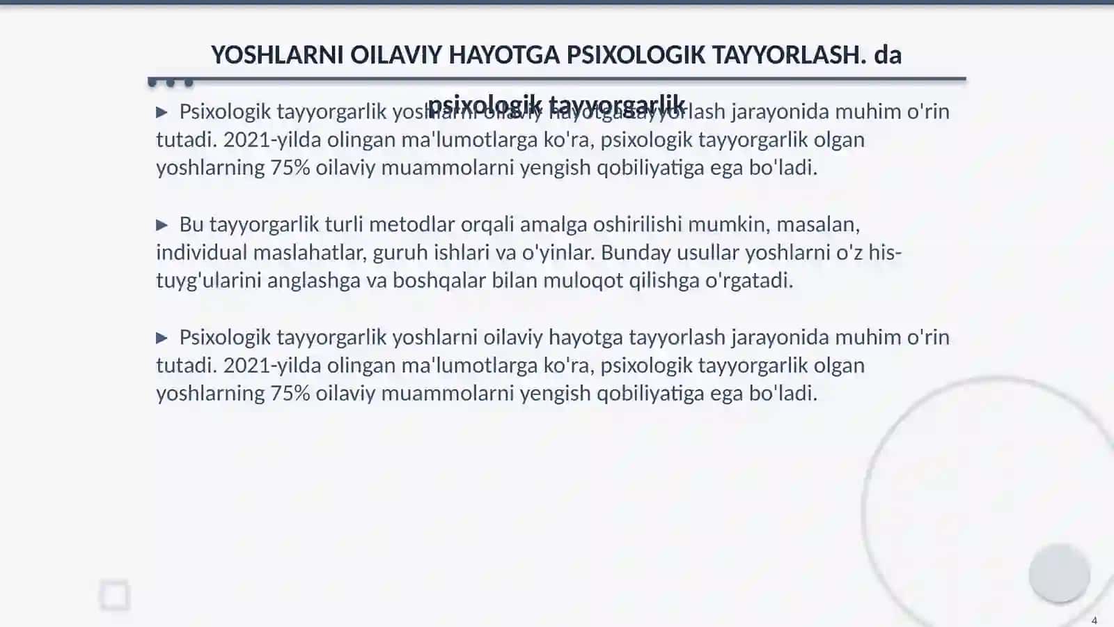 YOSHLARNI OILAVIY HAYOTGA PSIXOLOGIK TAYYORLASH 4