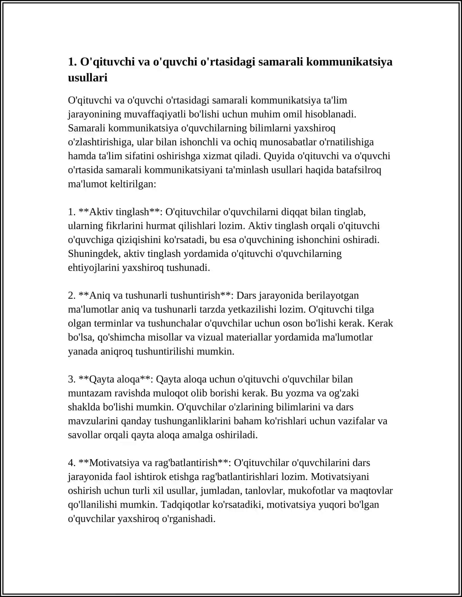 O'QITIVCHI VA O'QUVCHI O'RTASIDAGI JONLI MULOQOTNI TASHKIL ETISH. PEDAGOGIK NIZOLAR VA ZIDDIYATLARNI BARTARAF ETISH 4