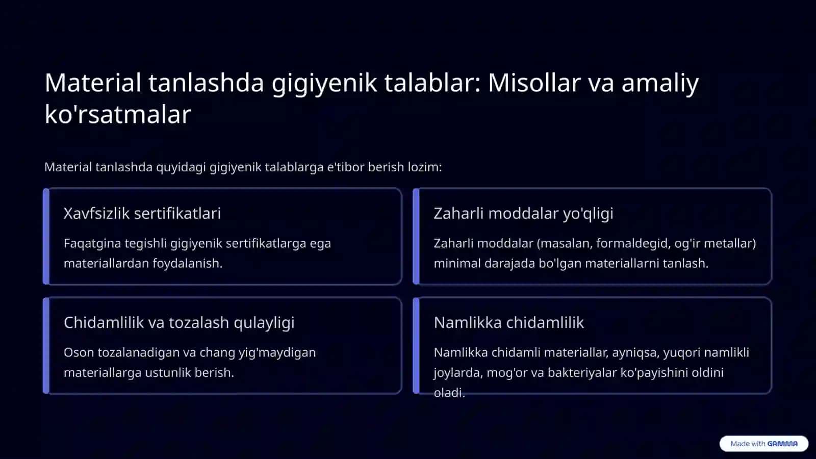Loyiha materiallari boʻyicha DPMlarda gigiyenik ahamiyati 4