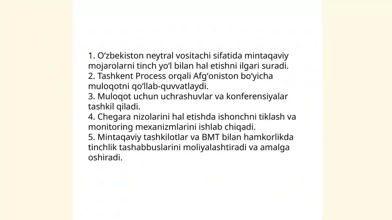 O'zbekistonning markaziy Osiyoda tinchlik va barqarorlikni taminlashdagi o'rni Shavkat Miromon Mirziyoyevich 4