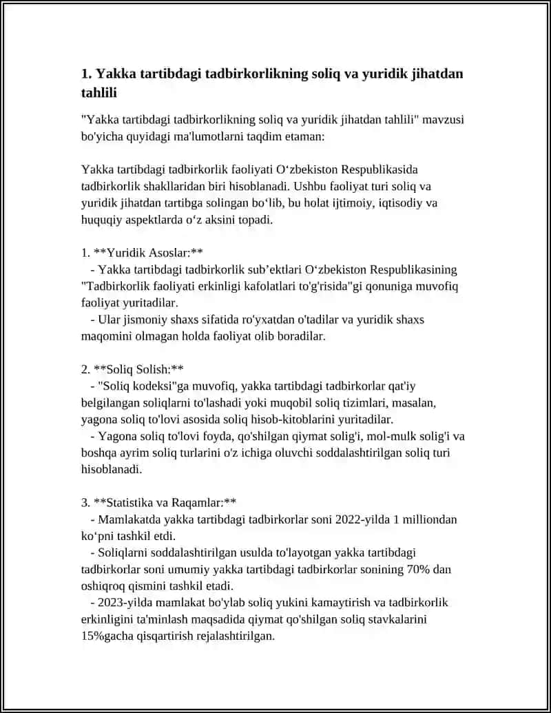 Yakka tartibdagi tadbirkorlikning soliq va yuridik jihatdan tahlili 4