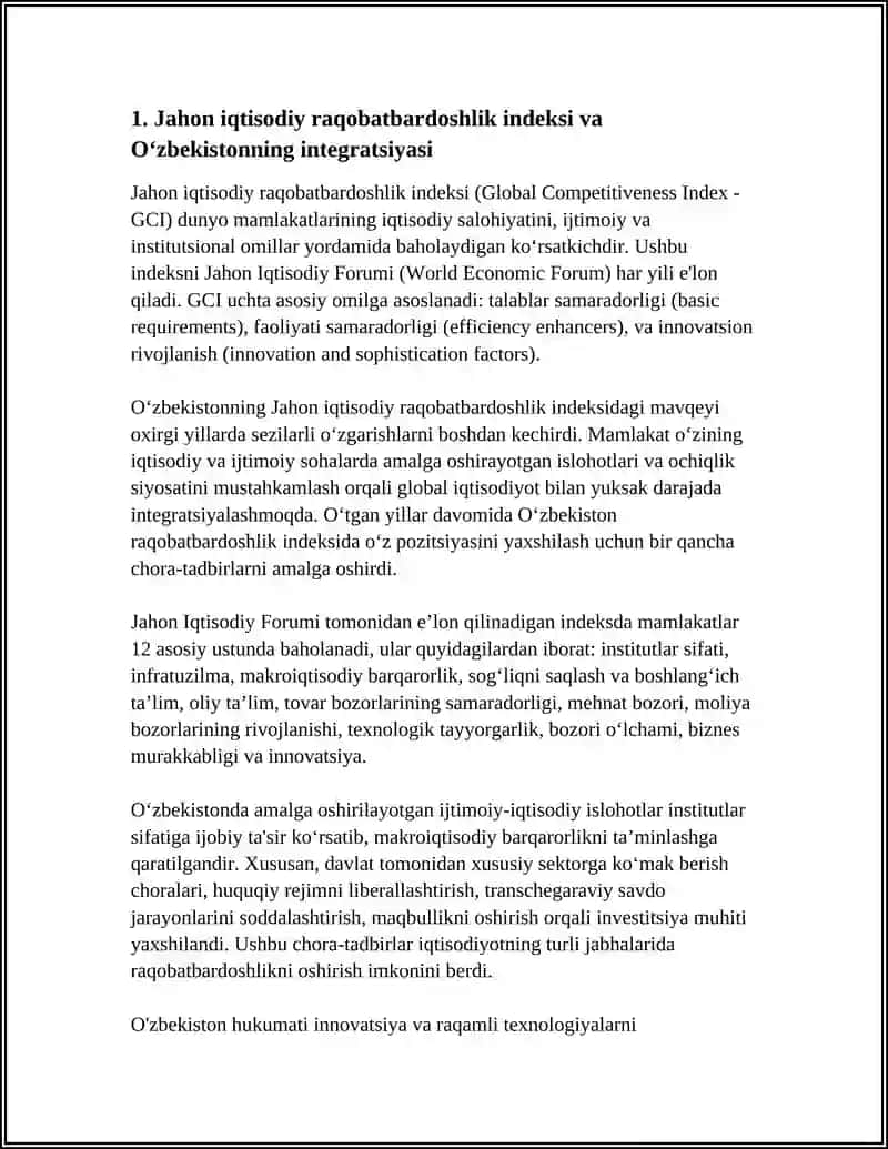 Jahon iqtisodiy raqobatbardoshlik indeksi va Oʻzbekistonning integratsiyasi 4