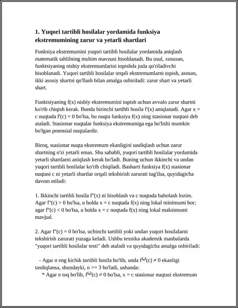 FUNKSIYA EKSTRЕMUMINI YUQORI TARTIBLI HOSILALAR YORDAMIDA TOPISH 4