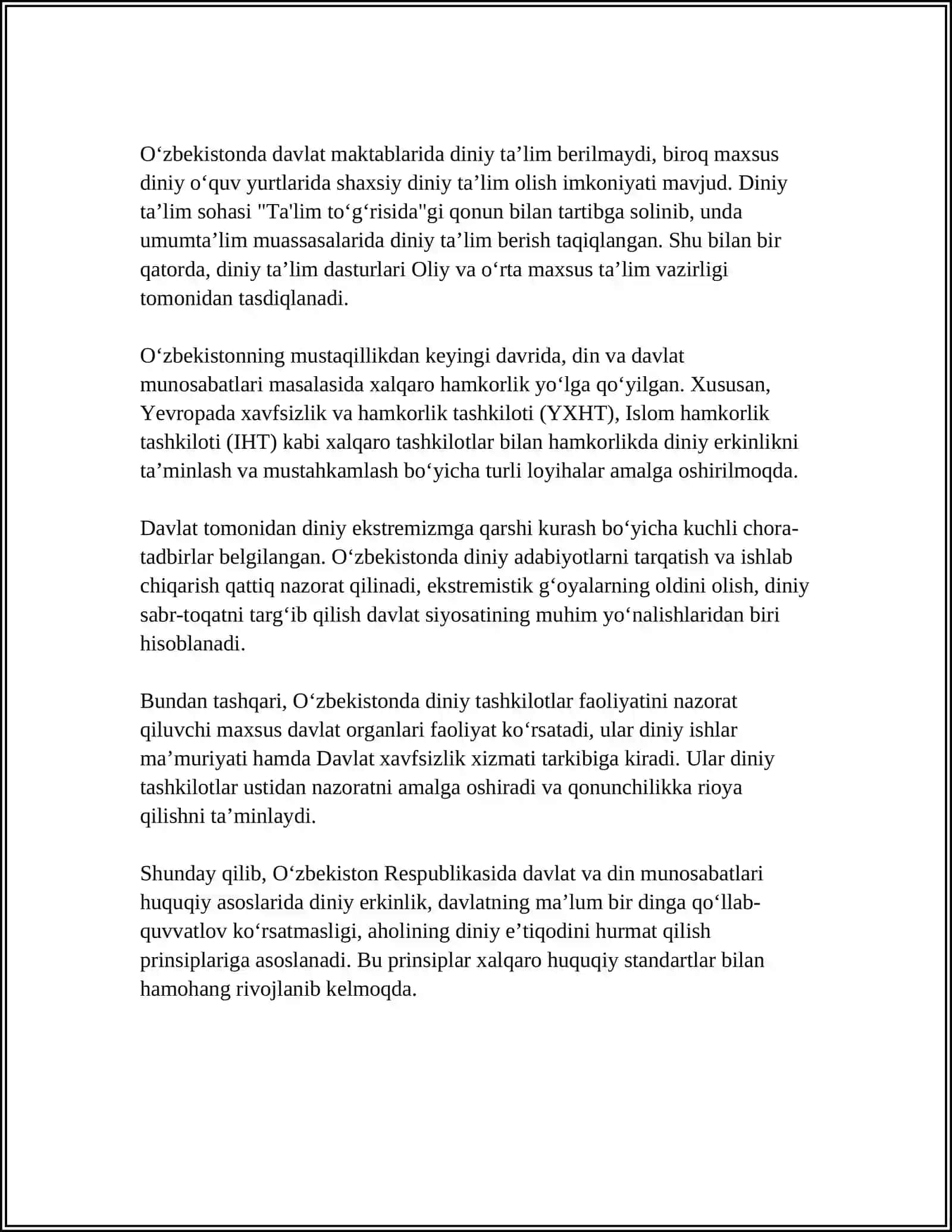 O'ZBEKISTONDA DAVLAT VA DIN MUNOSABATLARIGA DOIR QONUN HUJJATLAR 4
