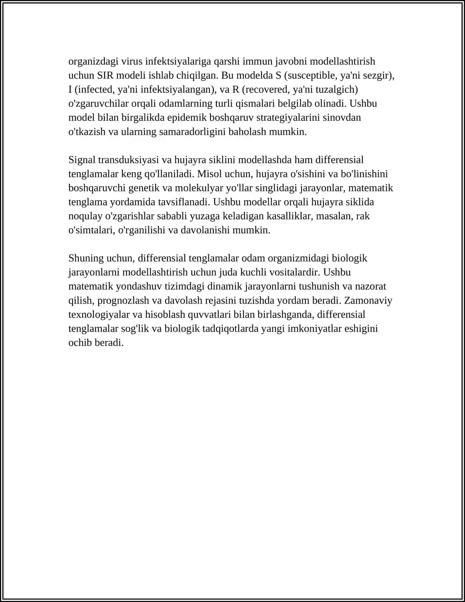 TIBBIY-BIOLOGIK MAZMUNDAGI DIFFERENSIAL TENGLAMALAMI TUZISH VA YECHISH 4