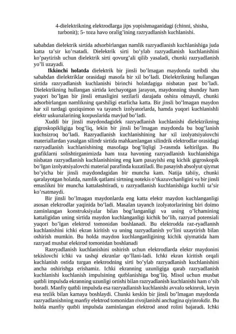 BIR JINSLI VA BIR JINSLI BO’LMAGAN MAYDONLARDA DIELEКTRIКLAR SIRTIDAGI GAZLARDA RAZRYADLANISh JARAYONI 4