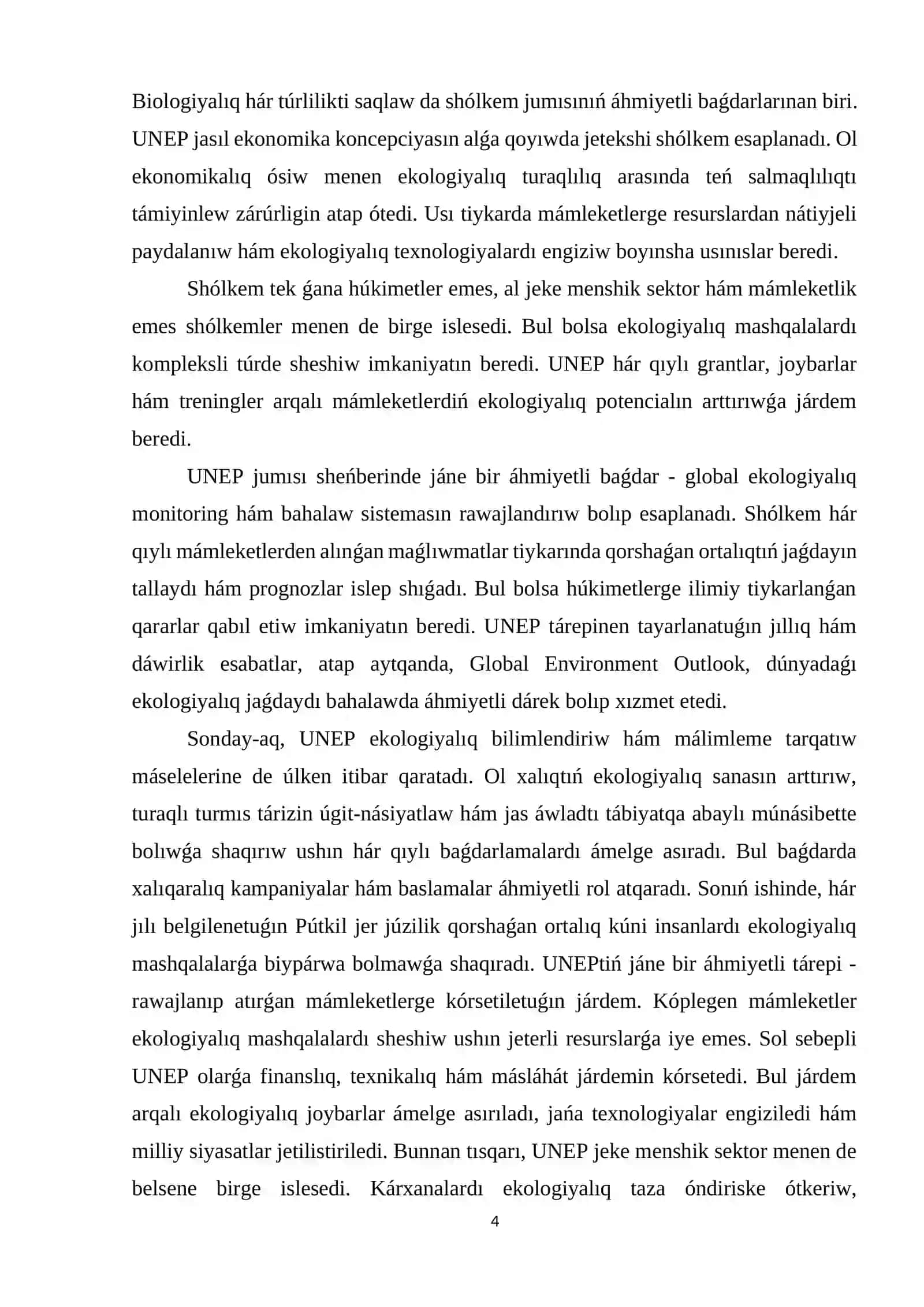 UNEP hám "jasıl ekonomika"ģa ótiwdi bahalaw 4
