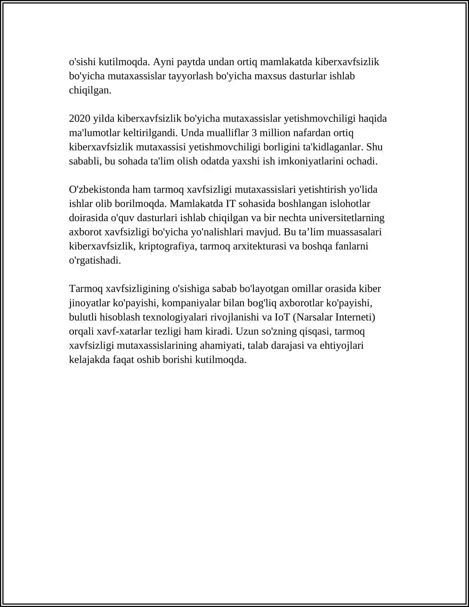KIBERXAVFSIZLIK SOHASI BOʻYICHA MUTAXASSIS TOIFALARI 4