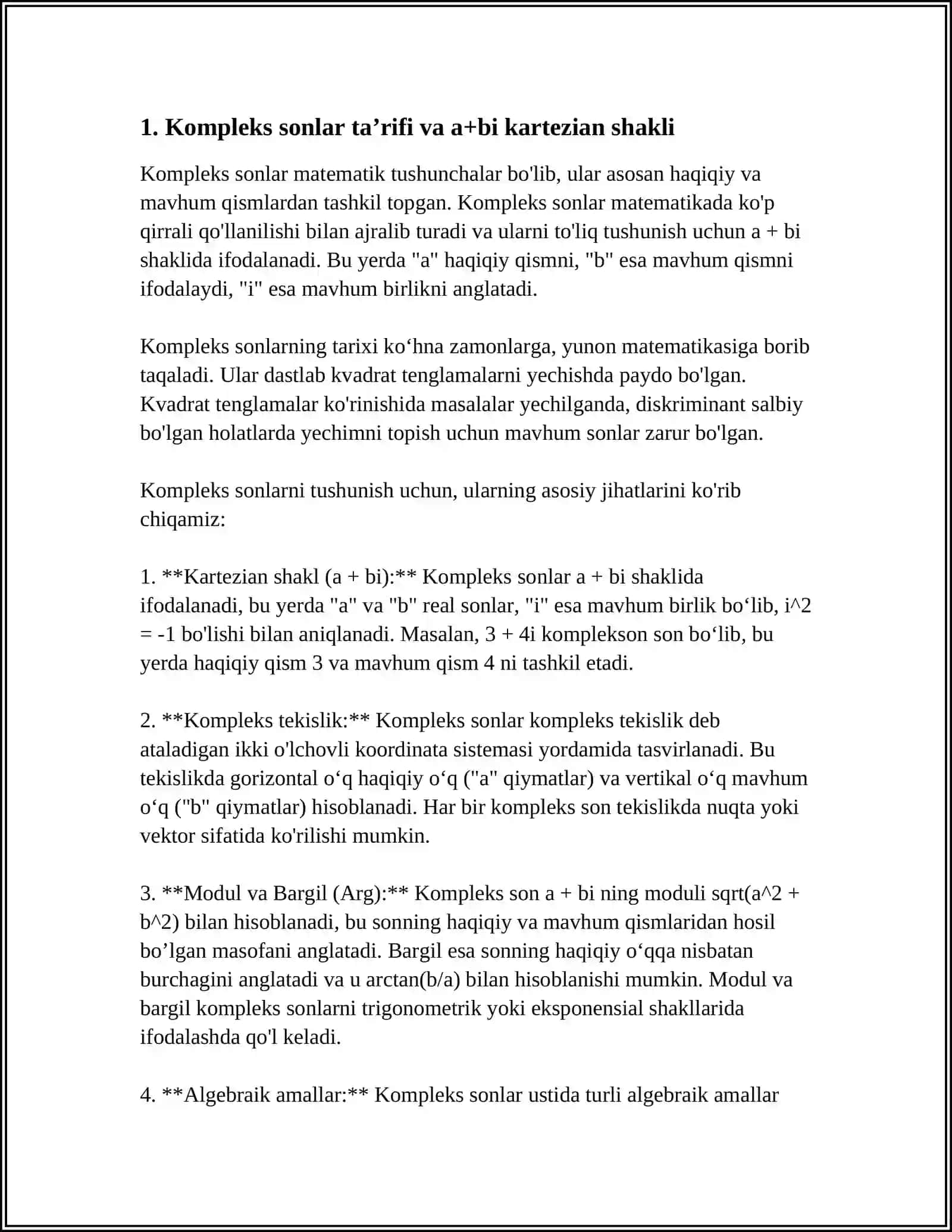 KOMPLEKS SONLAR, KOMPLEKS SONLAR USTIDA QO‘SHISH, AYIRISH, KO‘PAYTIRISH VA BO‘LISH AMALLARINI BAJARISH. KOMPLEKS SONNI TRIGONOMETRIC SHAKLDA YOZISH 4