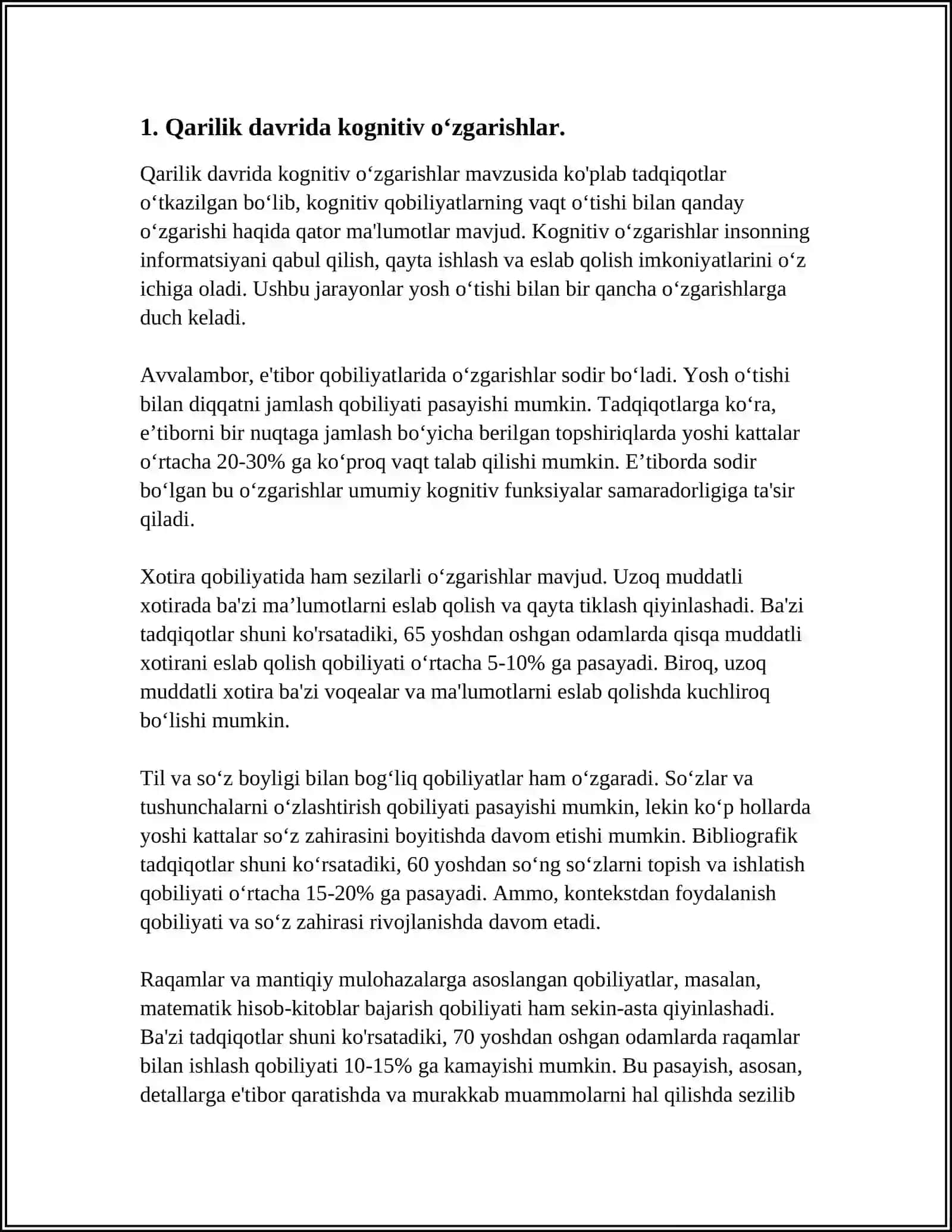 QARILIK DAVRIDA BILISH JARAYONLARIDAGI O‘ZGARISHLAR; QARILIK DAVRI YOSH INQIROZLARI; SHAXSNING IJTIMOIYLASHUVI VA IJTIMOIY XULQ-ATVOR 4