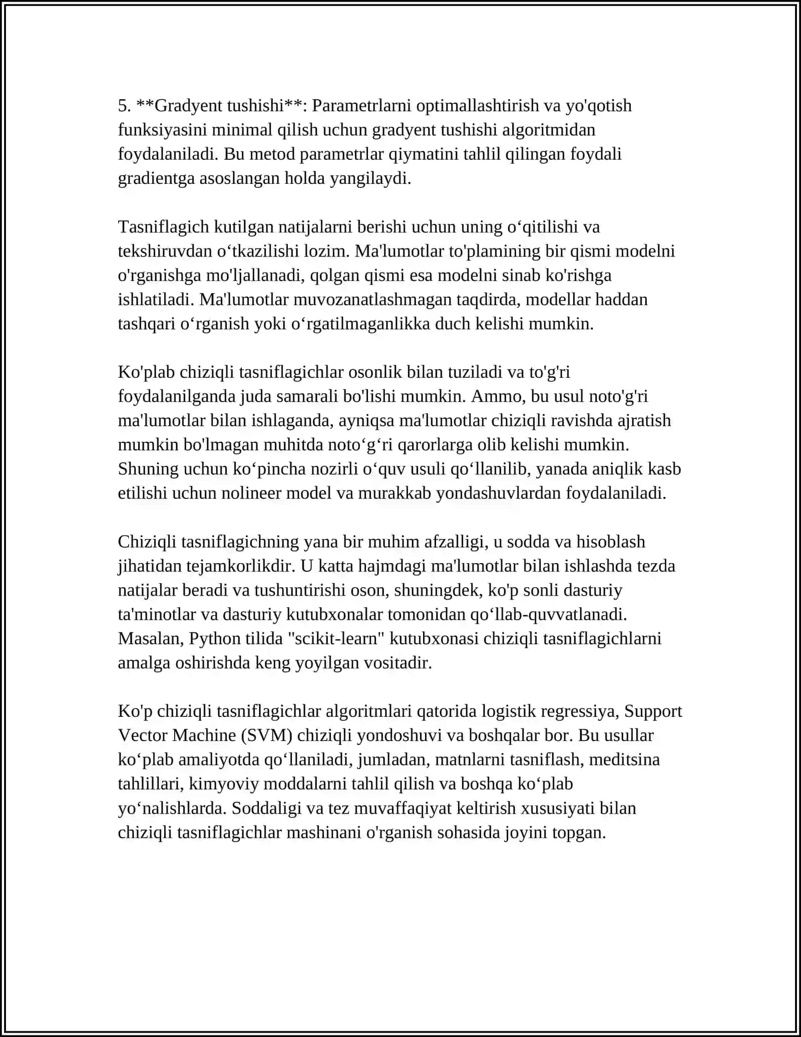 ASOSIY CHIZIQLI TASNIFLAGICHNI QURISH MAVZUSIDA MUSTAQIL ISH 4