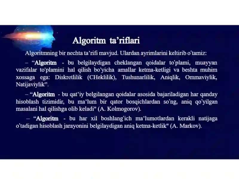 Algoritm tushunchasi. Algoritm va uning intuitiv, formal va kibernetik ta’riflari. Algoritmlarni tasvirlash usullari 4
