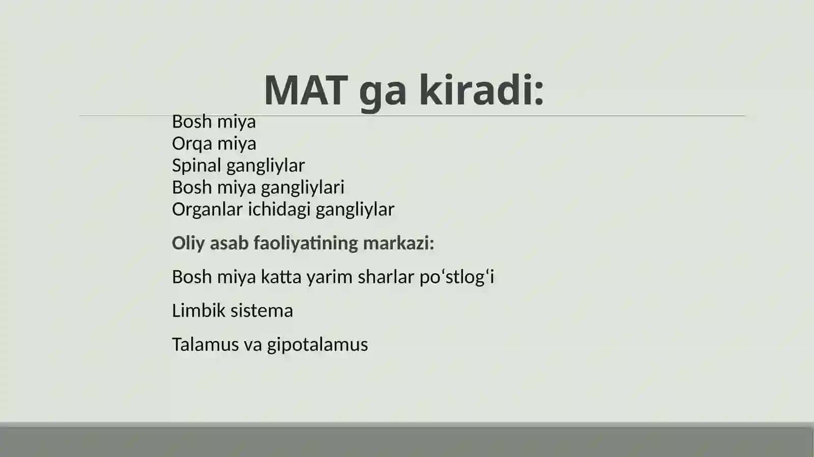 Asabtizimi oliy bo‘limlarining vazifalari. Shartli reflekslar. Oliyasab faol tug‘ma plari. Organizm gisignali tizimlari. Bosh miya katta yarim sharlarining funksional assimetriyasi 4