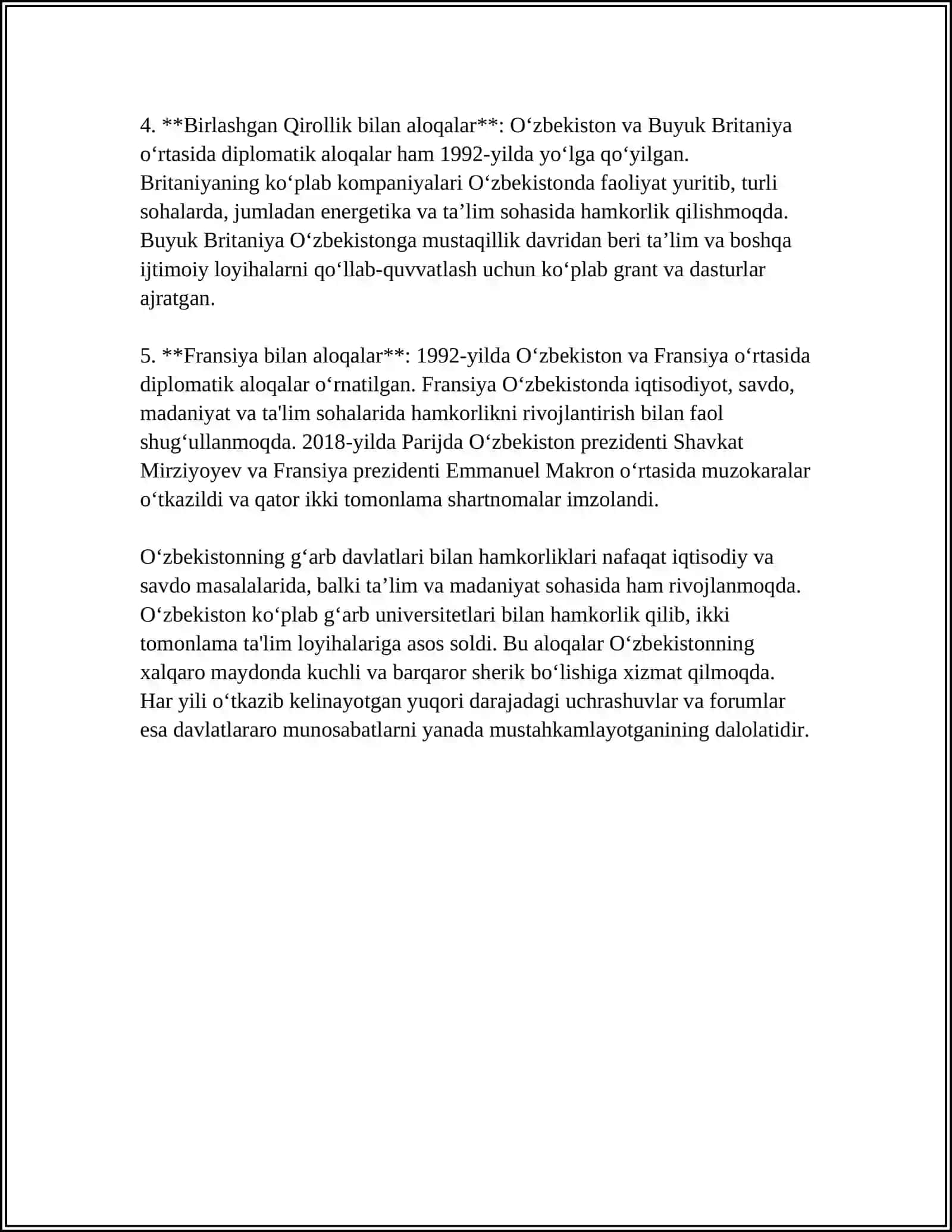 O'ZBEKISTON RESPUBLIKASINING G'ARB MAMLAKATLARI BILAN HAMKORLIK ALOQALARI 4