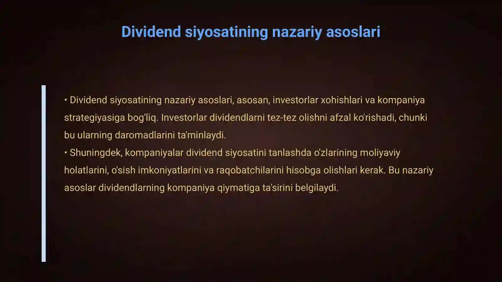 Dividend siyosatini yuritishning zamonaviy modellari va kompaniya qiymatiga ta’siri’’ mavzusida uzavto motros misolida 4