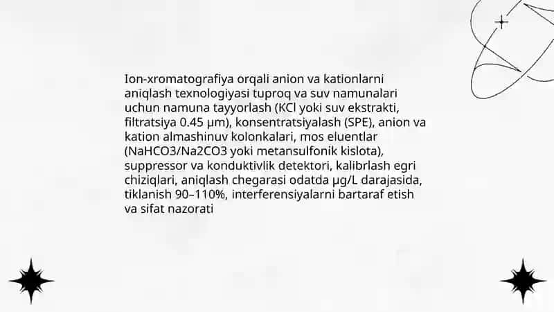 Tuproq va suvning ifloslanishda ion bogʻlanishli birikmalarni aniqlab ulardan tozalash usulini ishlab chiqish 4