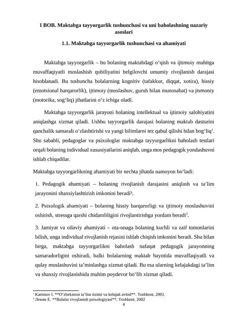 BOLALARNI MAKTABGA PSIXOLOGIK TAYYORGARLIK DIAGNOSTIKASI KURS ISHI 4