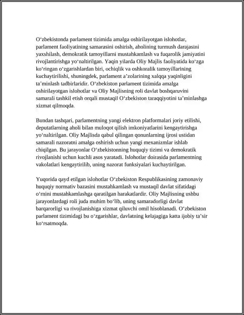 O‘ZBEKISTONDA PARLAMENT TIZIMI VA UNDAGI ISLOHOTLAR. HUQUQ-TARTIBOT ORGANLARI VA SUD TIZIMIDAGI O‘ZGARISHLAR 4