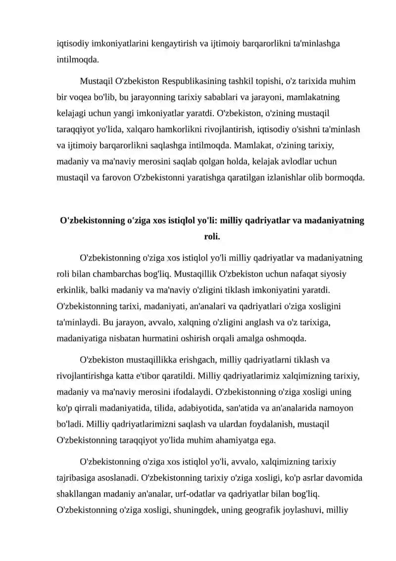 Mustaqil O'zbekiston Respublikasi tashkil topishining tarixiy ahamiyati. O'zbekistonning o'ziga xos istiqlol va taraqqiyot yo'li. 4