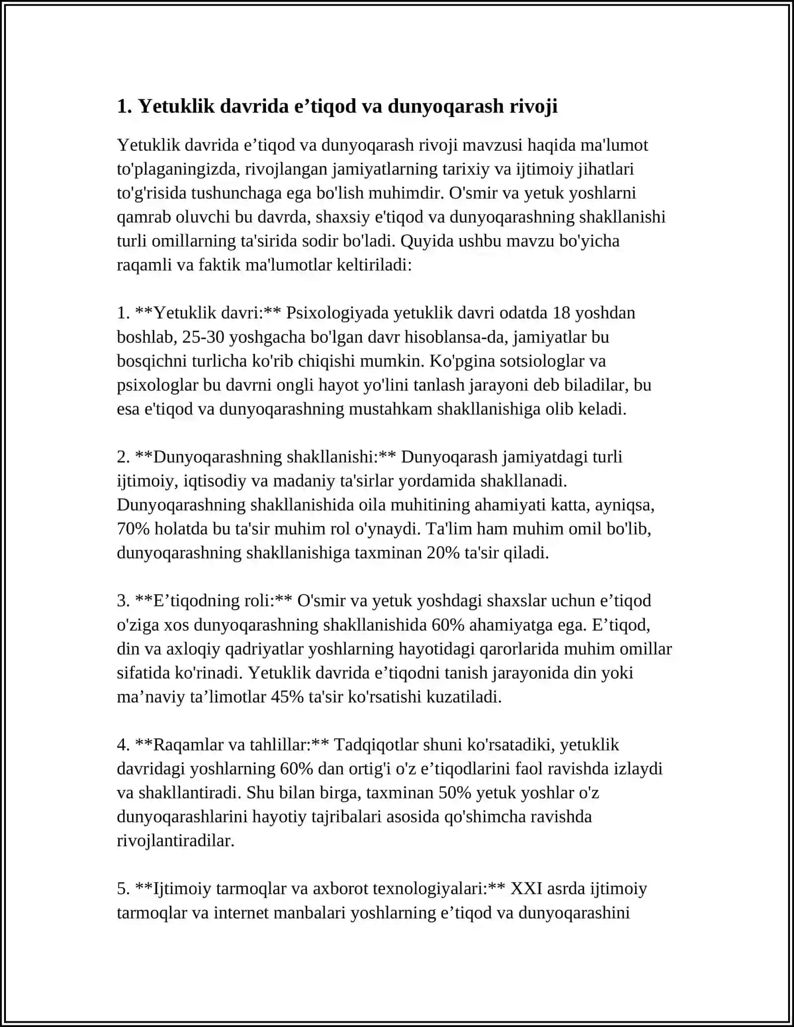YETUKLIK DAVRIDA E’TIQOD VA DUNYO QARASH; YOSHLIK DAVRIDAGI HAYOT VA FAOLIYAT; ILK O‘SPIRINLIK DAVRIDAGI INQIROZLAR; ILK O‘SPIRINLIK VA KASB TANLASH; 4