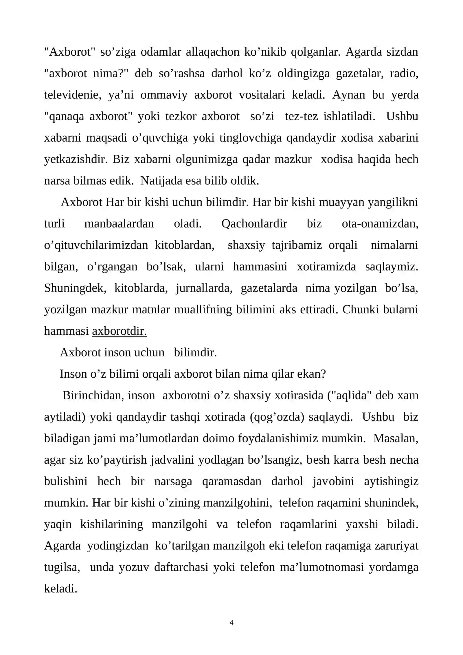Axborot. Axborotni ifodalash shakllari. Axborot o’lchov birliklari 4