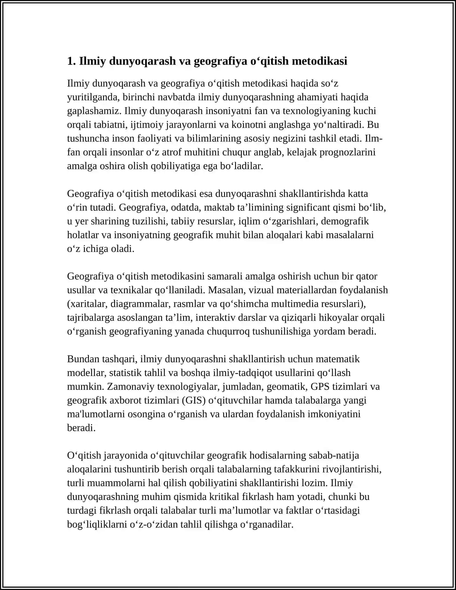 GEOGRAFIYANI OʻQITISHDA OʻQUVCHILARNING ILMIY DUNYOQARASHINI SHAKLLANTIRISHDA LOKAL VA XUSUSIY METODIK DARAJADAGI PEDAGOGIK TEXNOLOGIYALARNI UYGʻUNLASHTIRISH 4