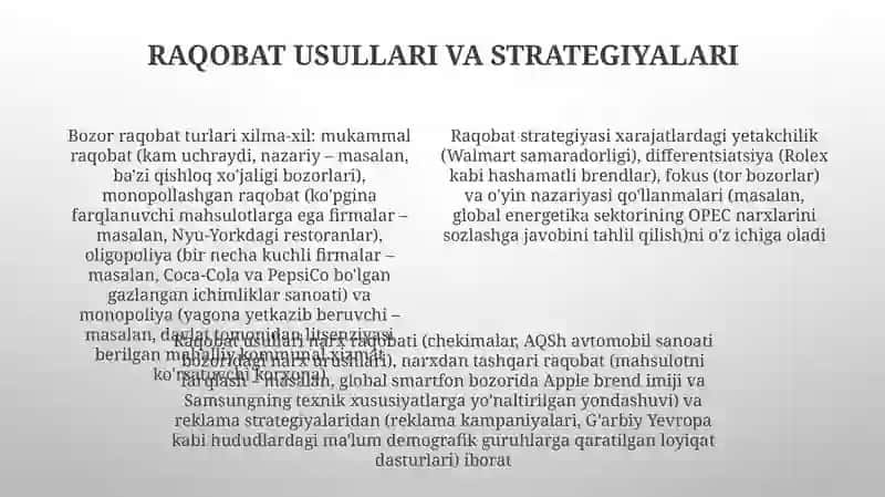 Raqobatning mohiyati, shakllari va usullari 4