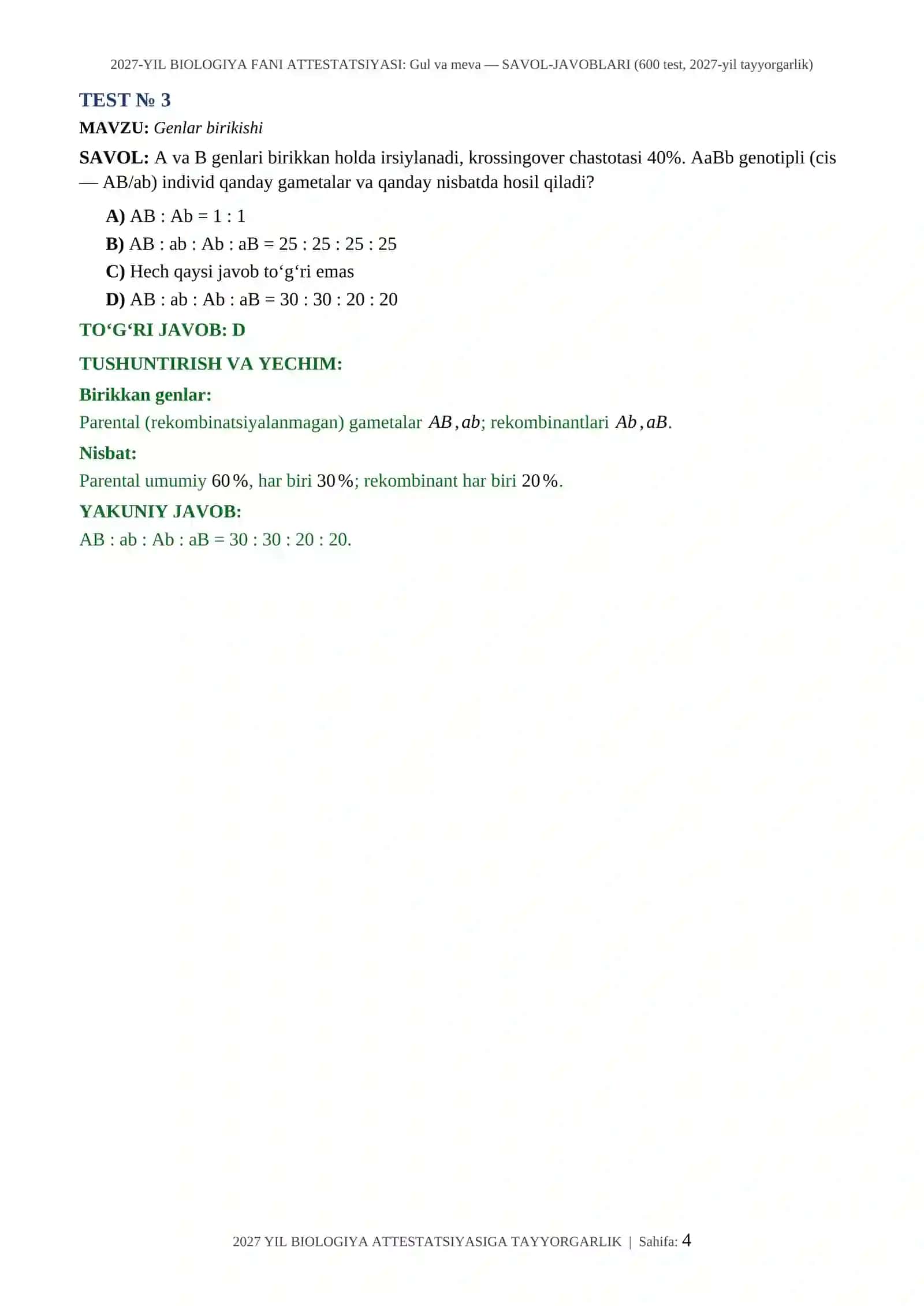 2027-YIL BIOLOGIYA FANI ATTESTATSIYASI: Gul va meva — SAVOL-JAVOBLARI (600 test, 2027-yil tayyorgarlik) 4