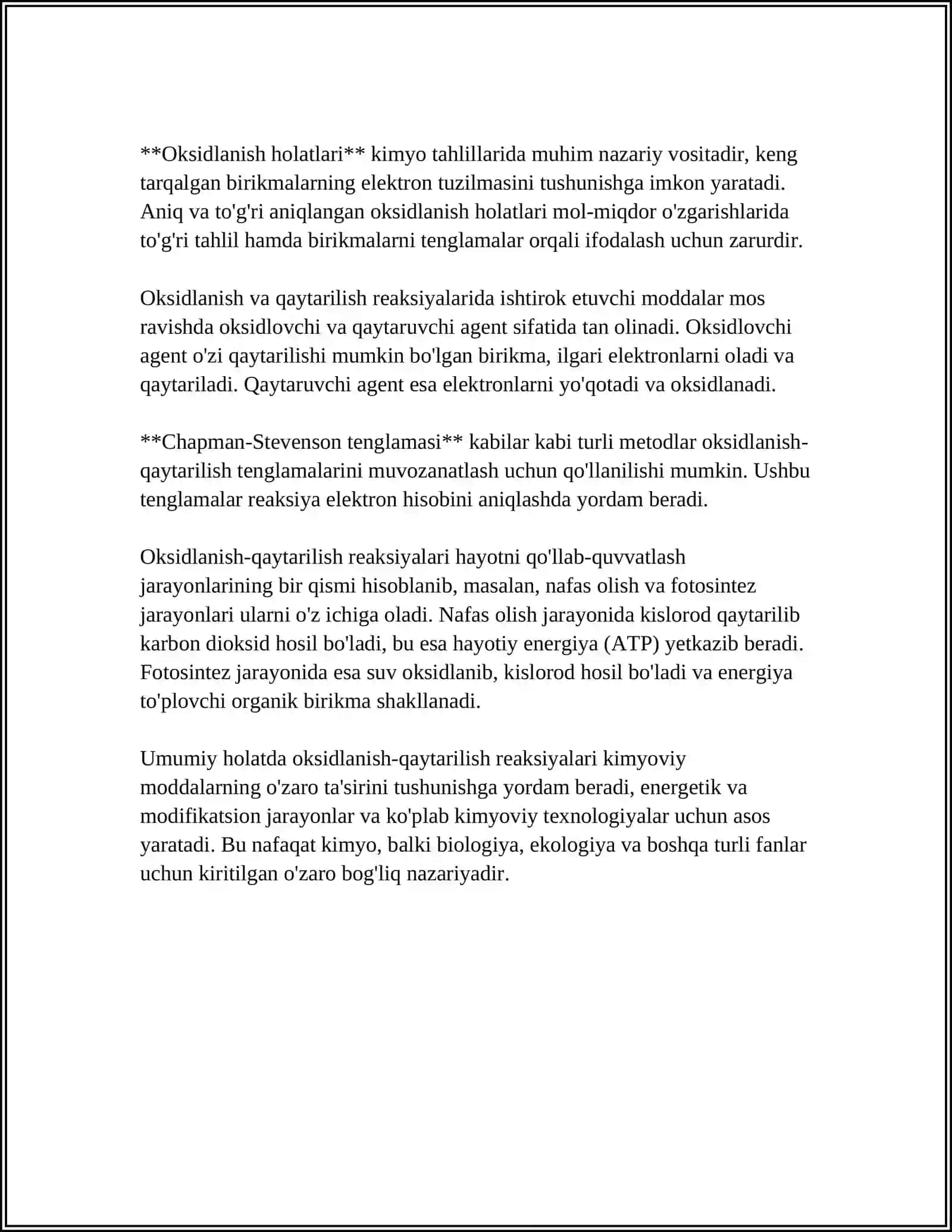 OKSIDLANISH-QAYTARILISH REAKSIYALARI. METALLAR VA ULARNING TRANSPORT SOHASIDA QO'LLANILISHI 4