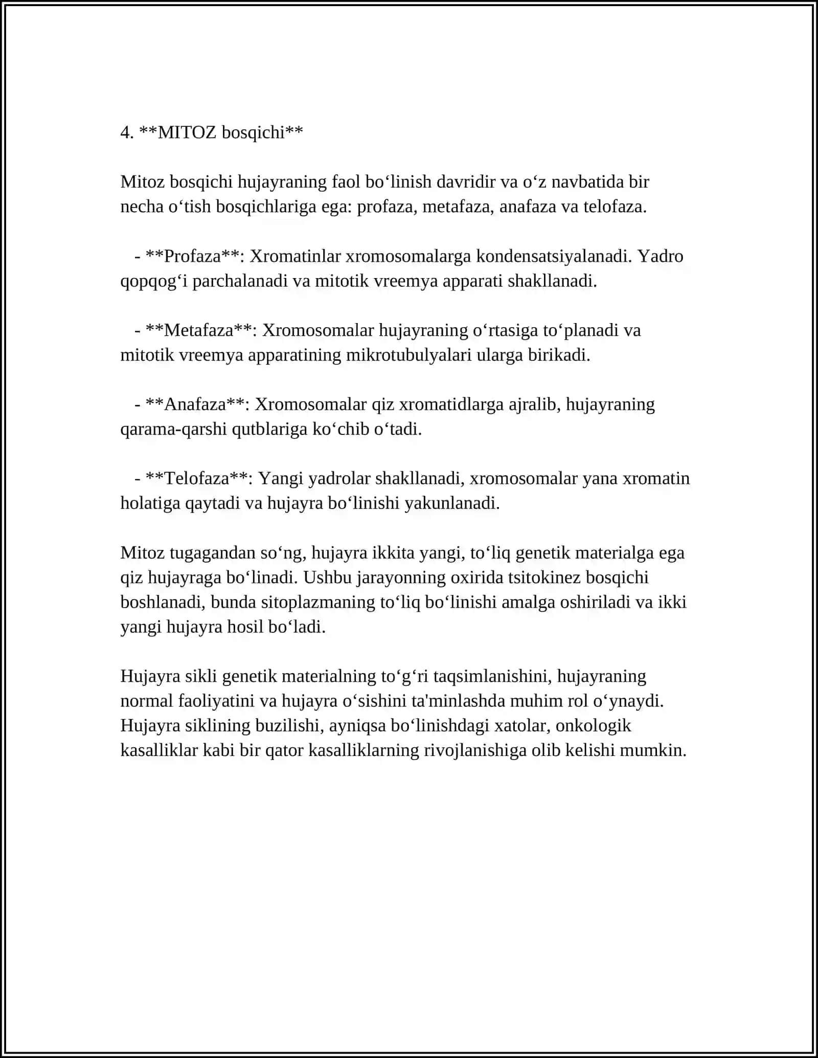 HUJAYRALARNING MITOTIK BO’LINISHI VA HAYOTIY SIKLI. HUJAYRA PROLIFERATSIYASI.HUJAYRANING MEYOTIK BO‘LINISHI. MITOZ VA MEYOZNING PATOLOGIYASI. MEYOZNING BIOLOGIK AHAMIYATI 4