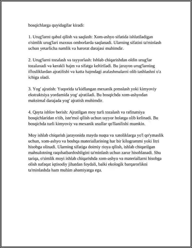 OSIMLIK MOYIDAN TAYYORLANGAN MAHSULOTLAR ISHLAB CHIQARISH HISOBI 4