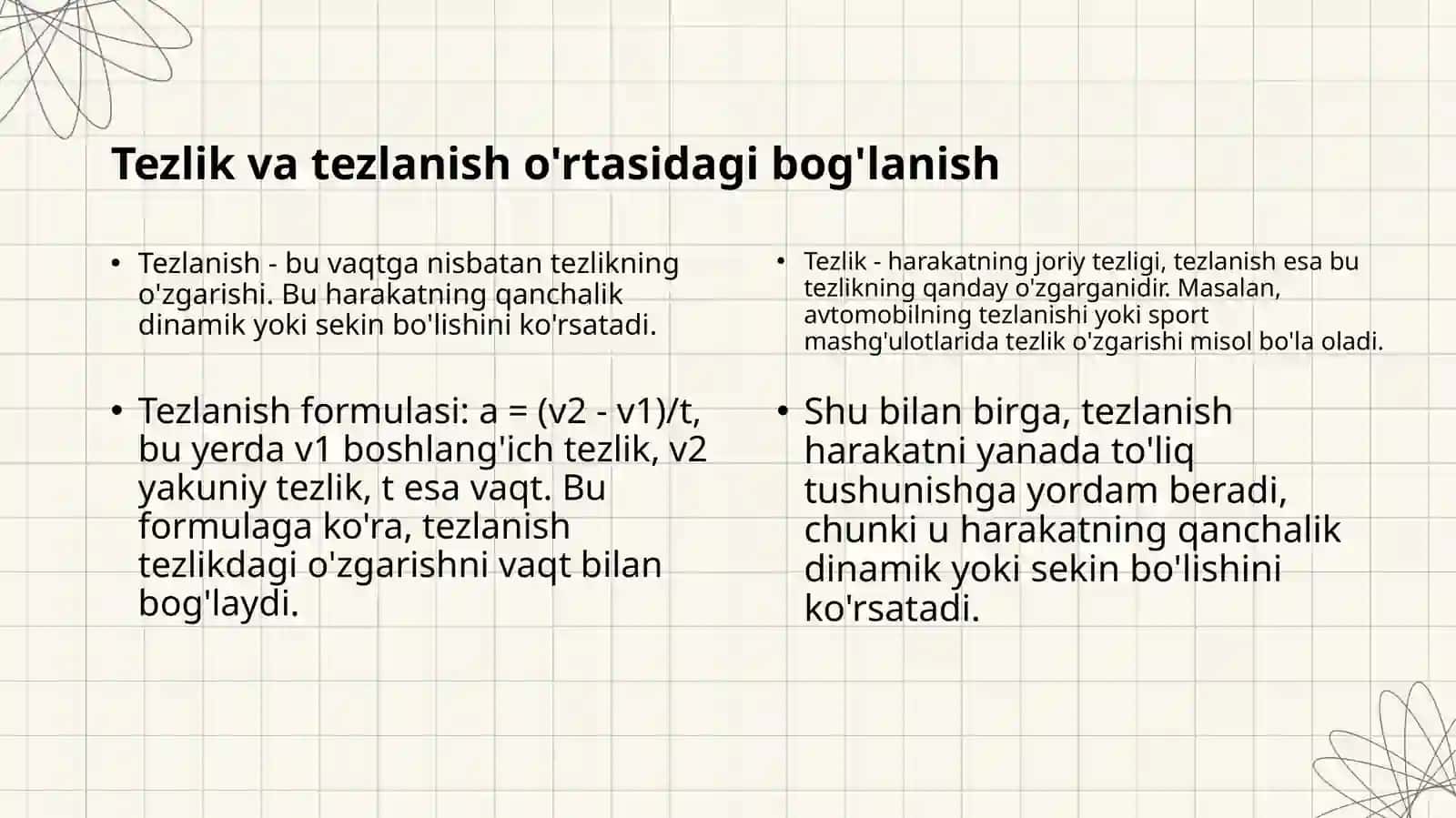 To'g'ri chiziqli harakatda tezlik va tezlanish. Egri chiziqli harakatda tezlik va tezlanish 4