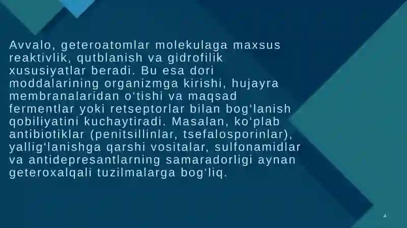 Getero- va poli funksional birikmalar asosida ishlab chiqariladigan zamonaviy dori vositalari. Geteroxalqali birikmalar asosida ishlab chiqariladigan zamonaviy dori vositalari 4