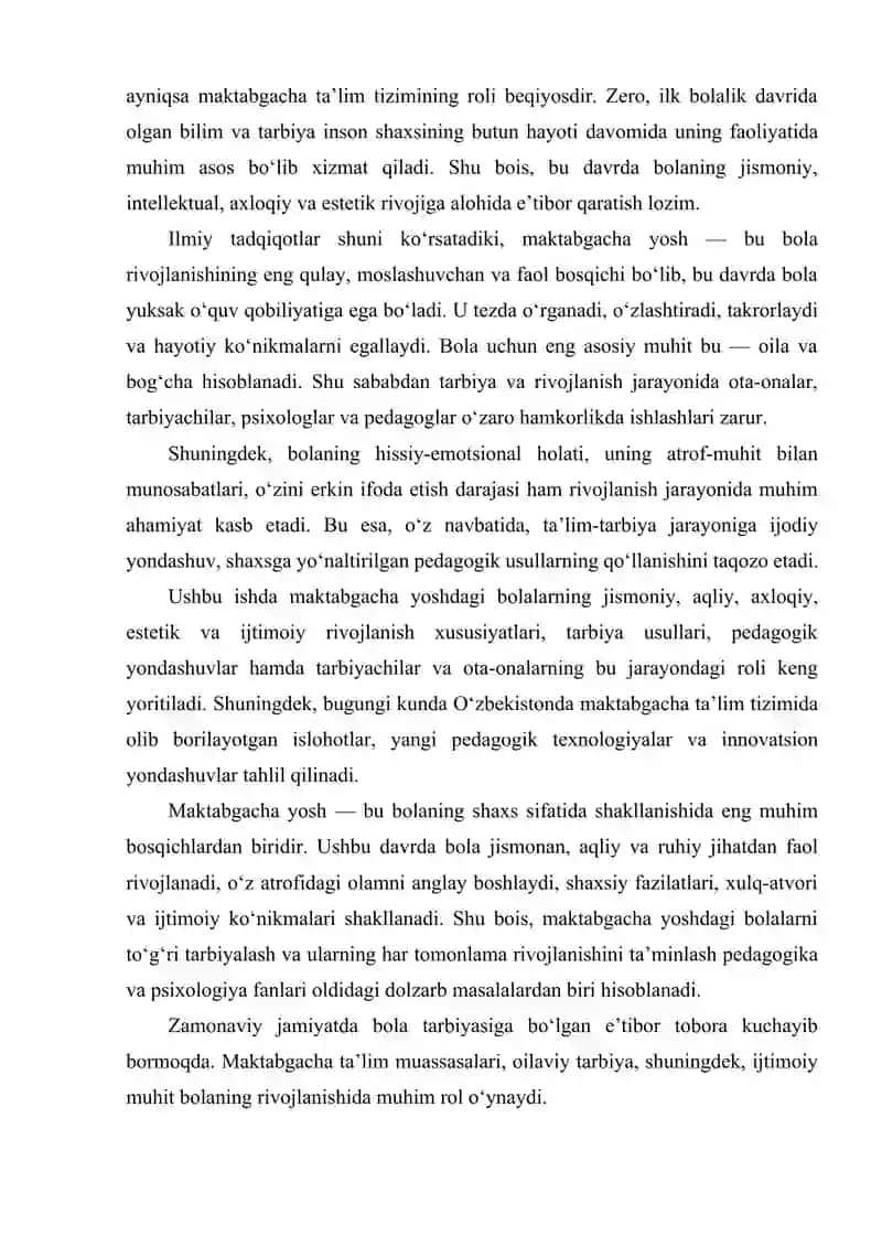 Maktabgacha talim yoshdagi bollarning rivojlanishi va tarbiyasi mavzusida kurs ishi 4