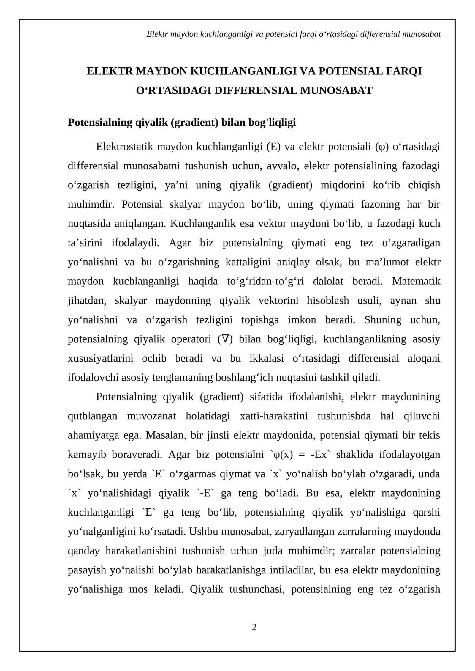 Elektrostatik maydon kuchlanganligi bilan potensiali orasidagi bogʻlanish 4
