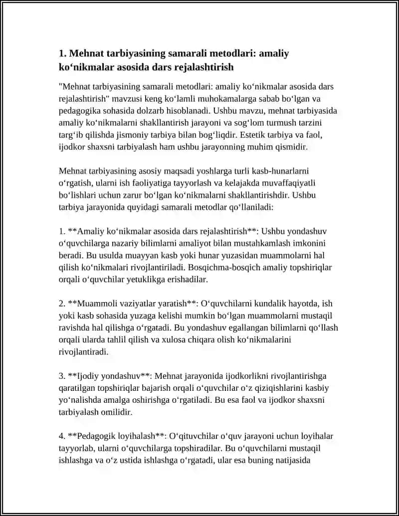 MEHNAT TARBIYASINING SAMARALI METODLARI, SOG‘LOM TURMUSH TARZINI TARG‘IB QILISHDA MEHNAT TARBIYASI VA JISMONIY TARBIYANING AHAMIYATI. ESTETIK TARBIYA – FAOL VA IJODKOR SHAXSNI TARBIYALASH OMILI - PEDAGOGIK ADABIYOTLAR VA PEDAGOGIK JURNALLARDAGI MAQOLALARDAN SITATA OLISH, KEYS – TOPSHIRIQLARINI BAJARISH 4