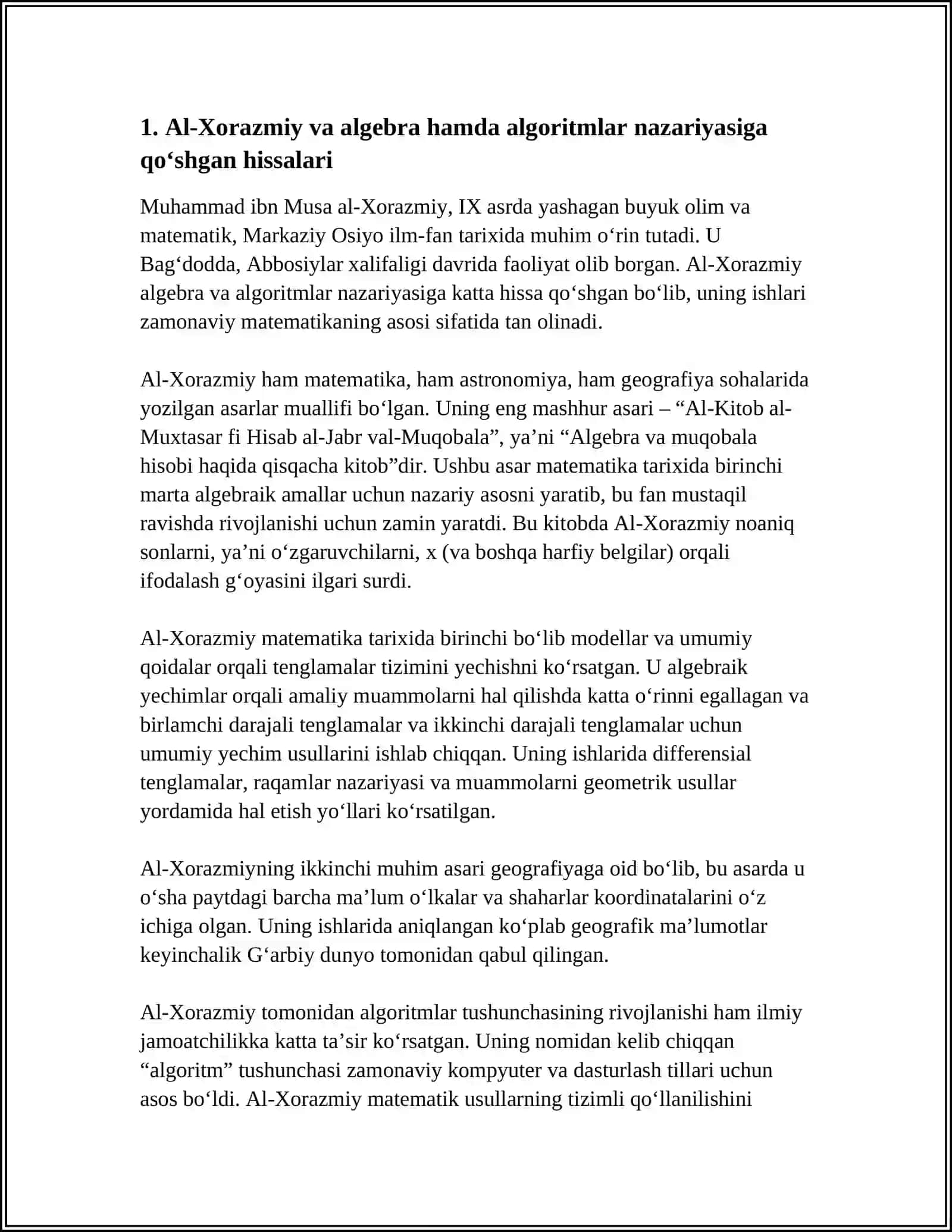 AL-XORAZMIY VA ALGEBRA HAMDA ALGORITMLAR NAZARIYASIGA QOʻSHGAN HISSALARI 4
