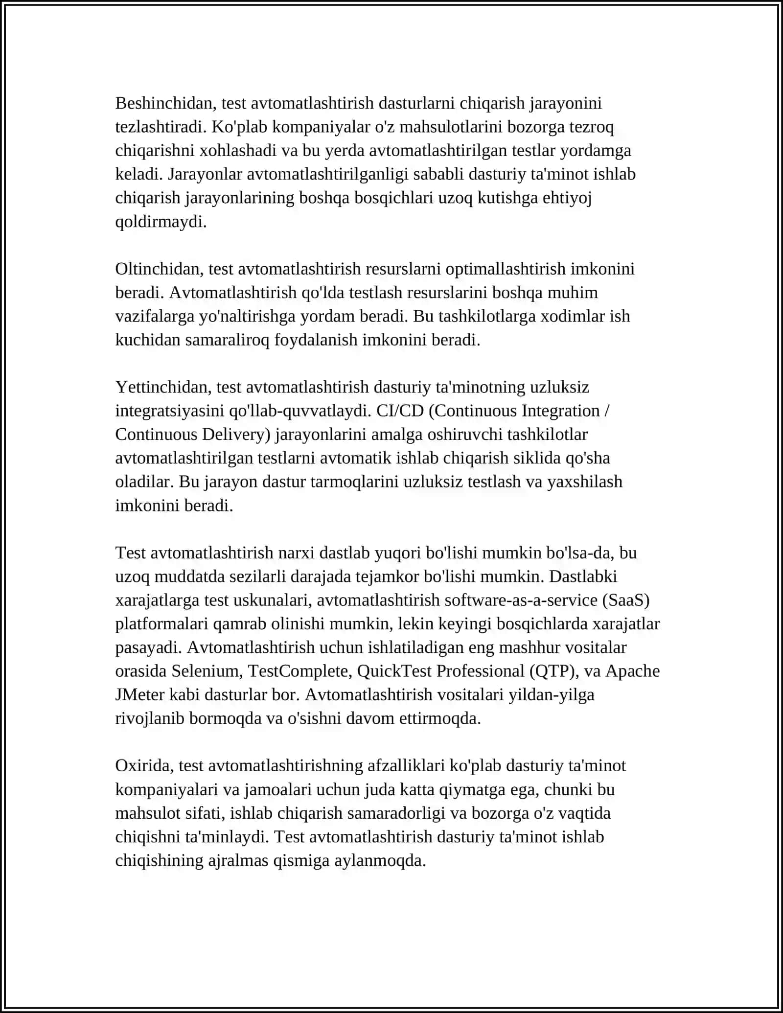 TESTNI AVTOMATLASHTIRISH: FOYDALARI VA QO'LLANISH SOHALARI 4