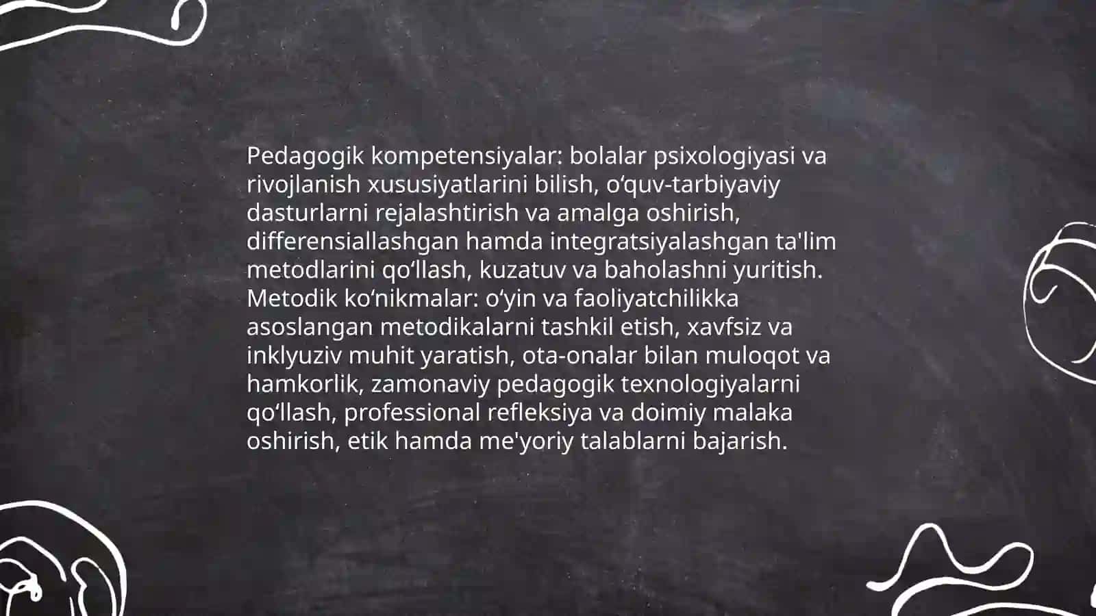 Maktabgacha talim tashkiloti tarbiyachisi shaxsiga qoyilgan talablar.Ozbekiston Respublikasi maktabgacha talim vazirligi togsidagi Nizom hamda O'Zstamdart agentligining 2021 yil 12 fevrakdagi 5-1288-sin qaroriga muvofiq 4