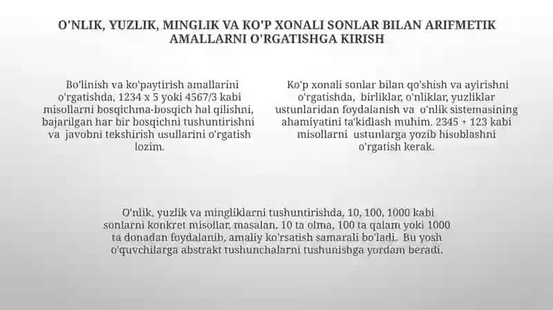 O'nlik, Yuzlik, Minglik va Ko'p Xonali Sonlar bilan Aritmetik Amallarni O'rgatish 4