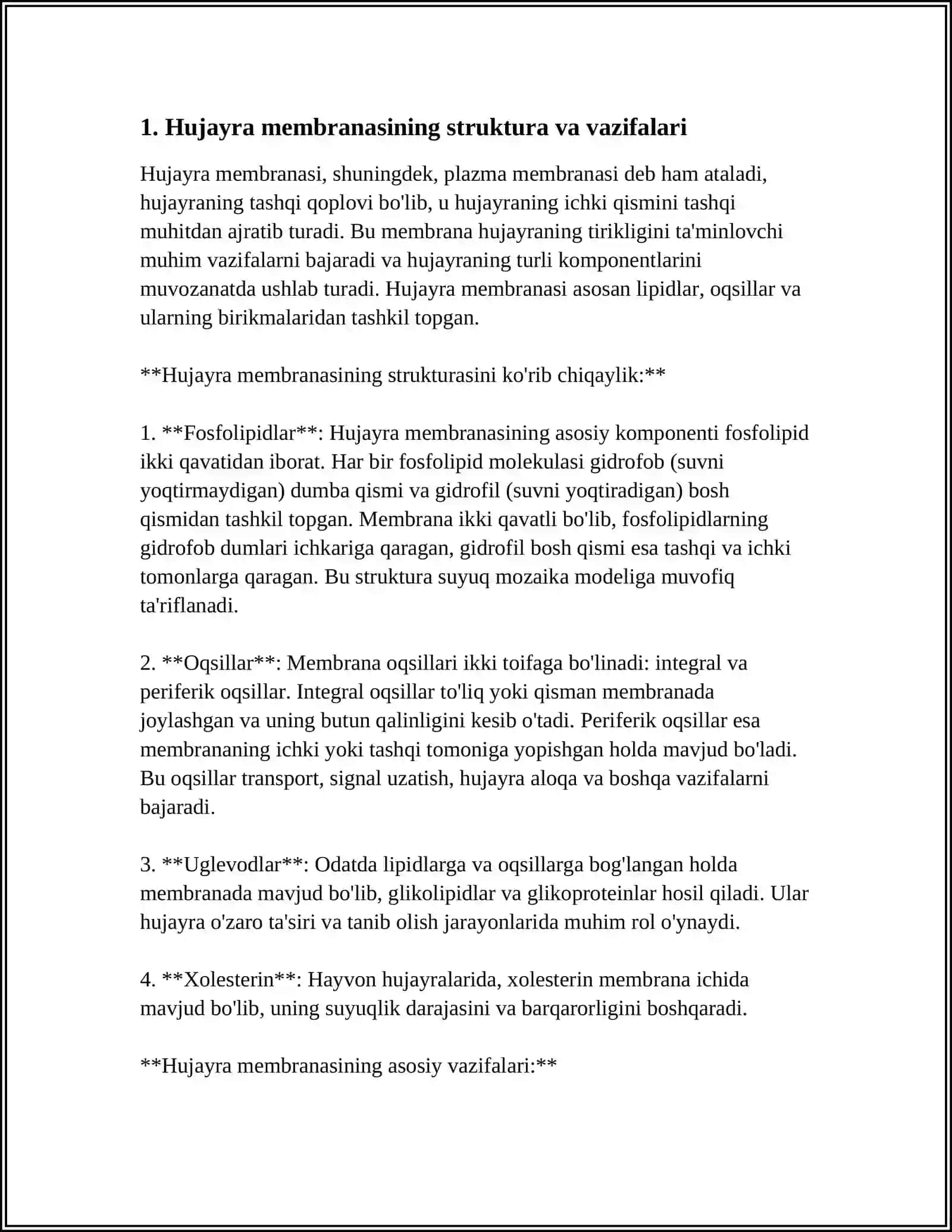 HUJAYRA MEMBRANASINING TUZILISH ASOSLARI. MITOXONDRIYA LIPIDLAR VA OQSILLAR 4