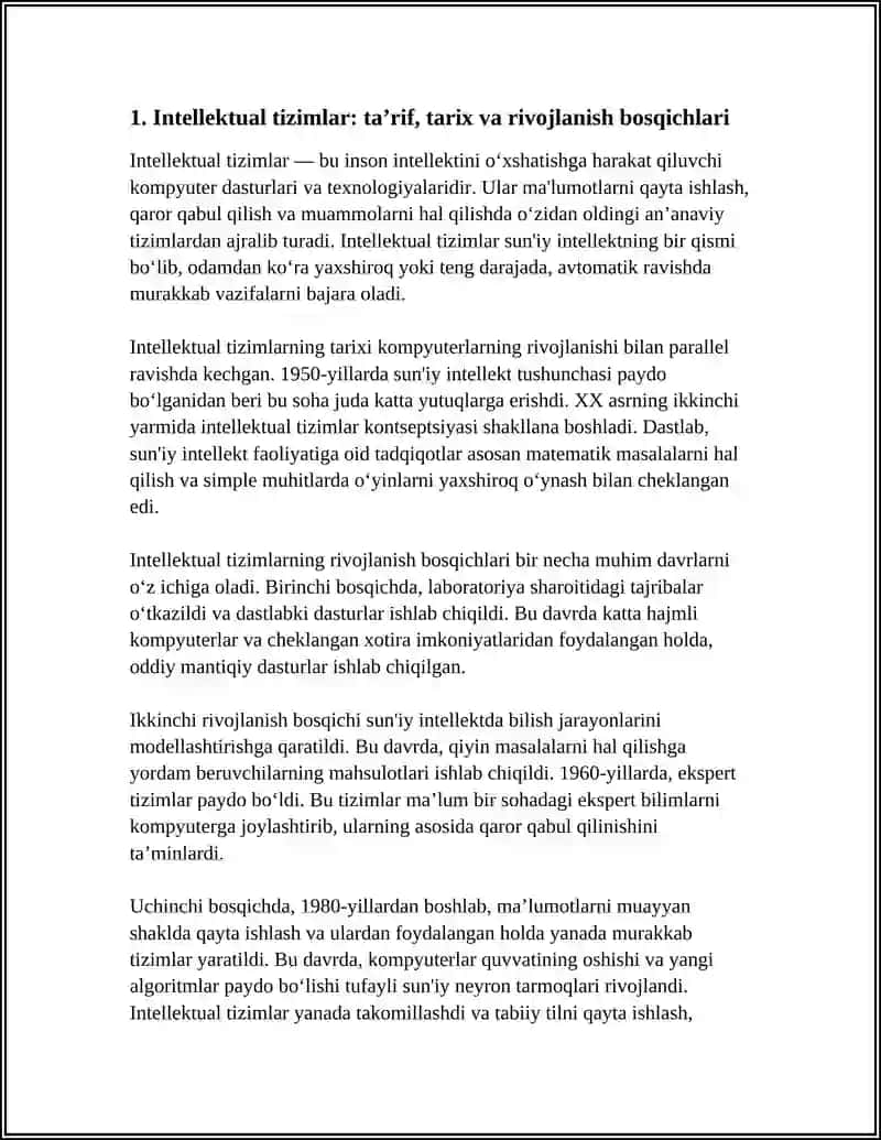 INTELEKTUAL TIZIMLAR VA TEXNOLOGIYALAR MAVZUSI HAQIDA REFERAT TAYYORLASH 4