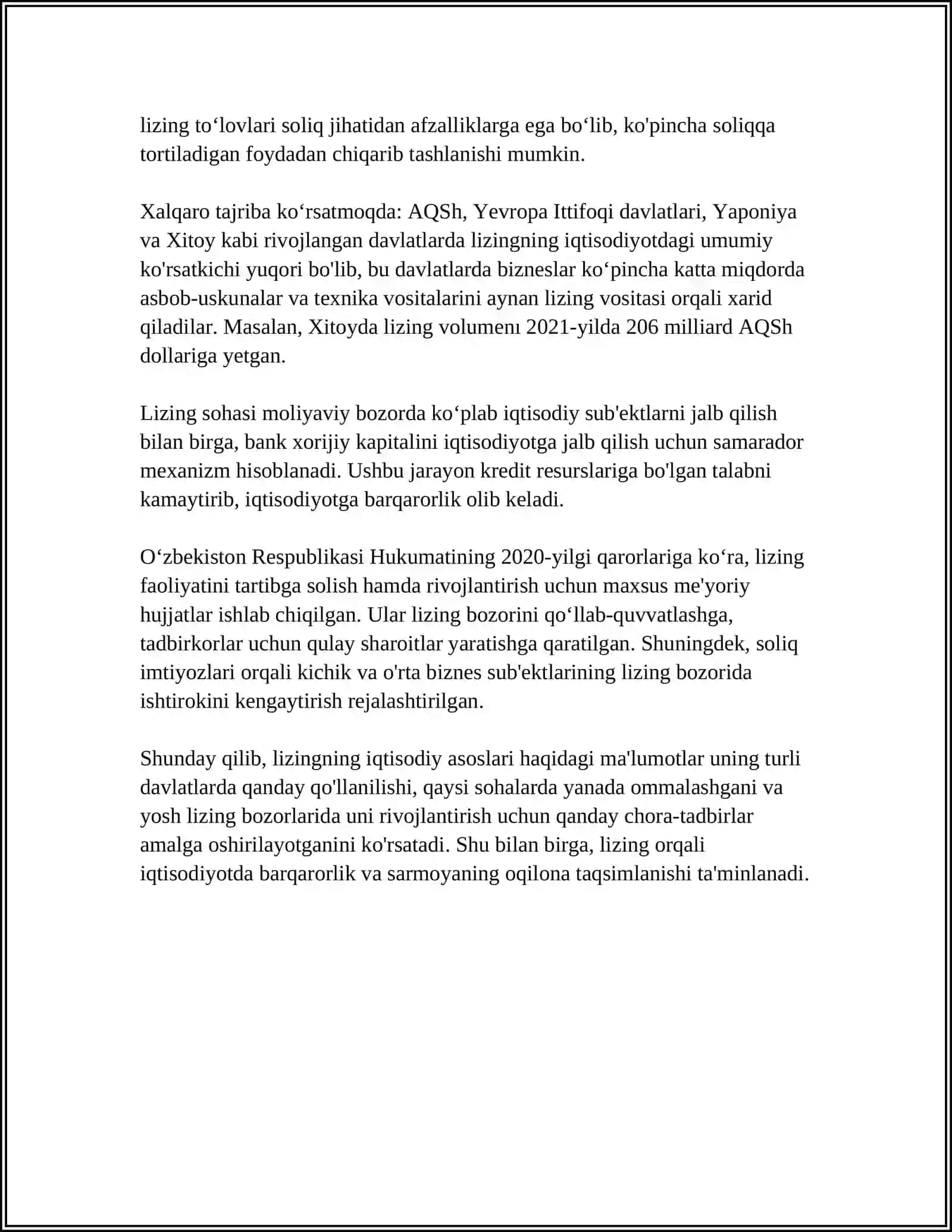 LIZING MOHIYATI, TURLARI VA LIZING OPERATSIYALARINI AMLAGA OSHIRISH TARTIBI 4