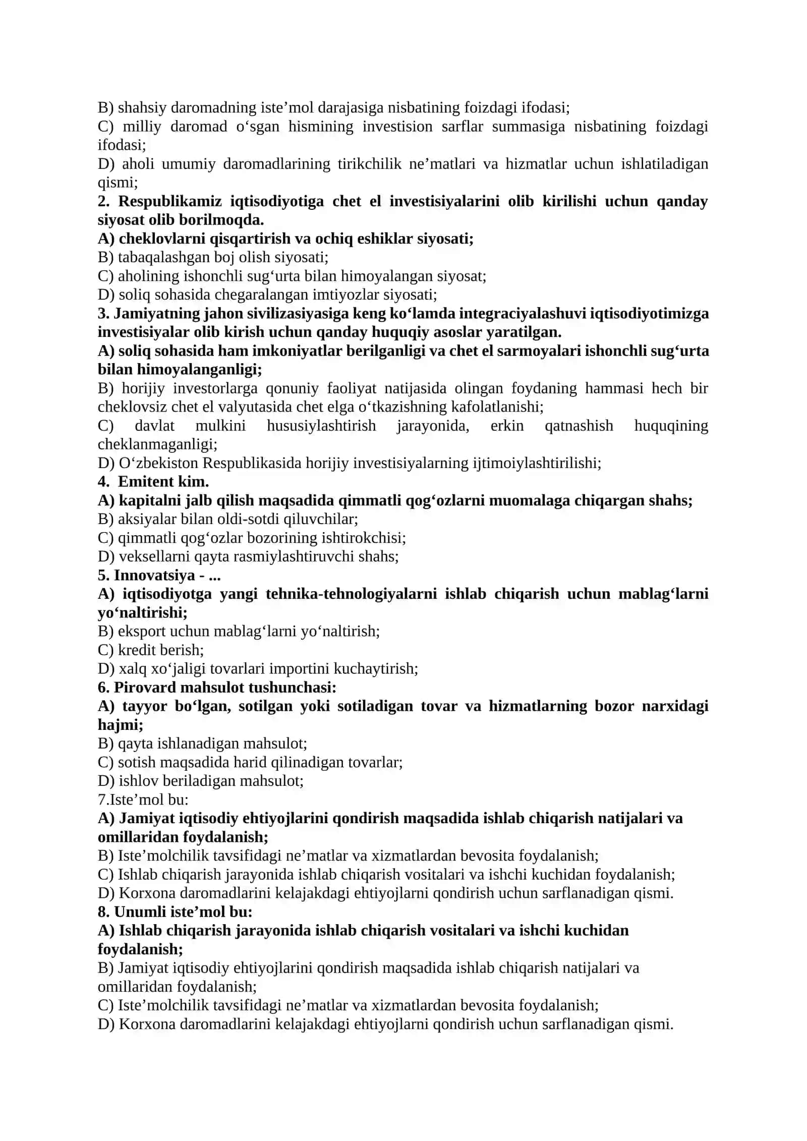 IQTISODIYOT NAZARYASI FANIDAN TEST SAVOLLARI 2026 YIL 4