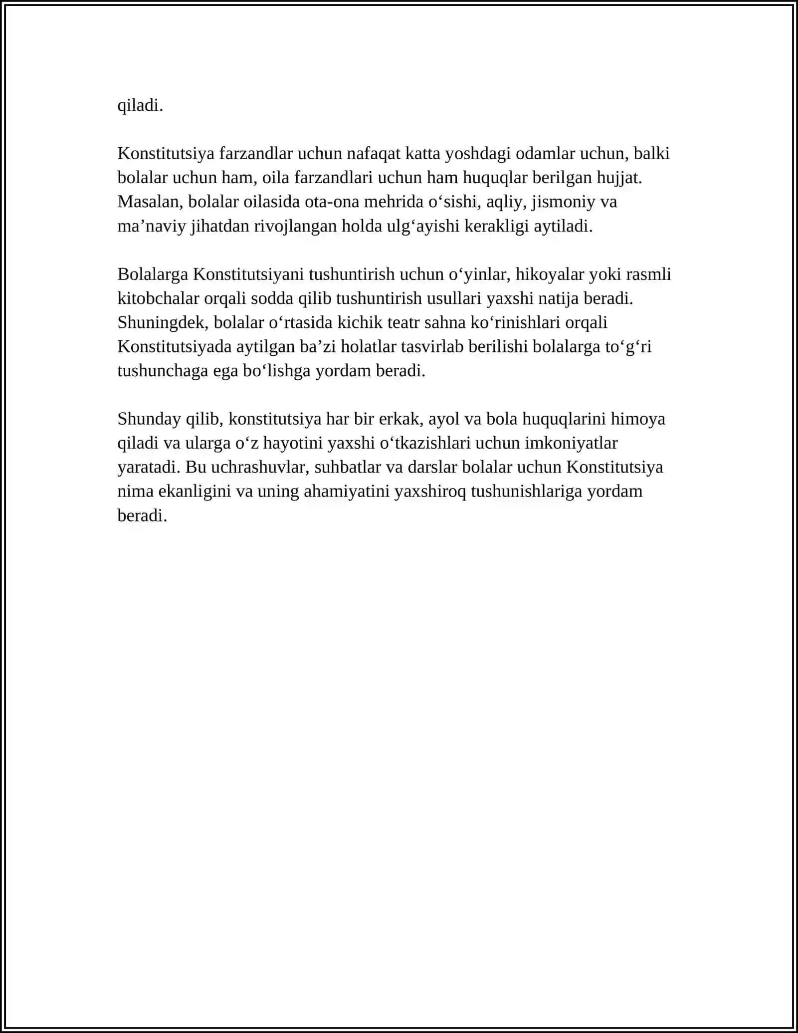 MAKTABGACHA YOSHDAGI BOLALARNI OʻZBEKISTON RESPUBLIKASI KONSTITUTSIYASI BILAN TANISHTIRISH 4