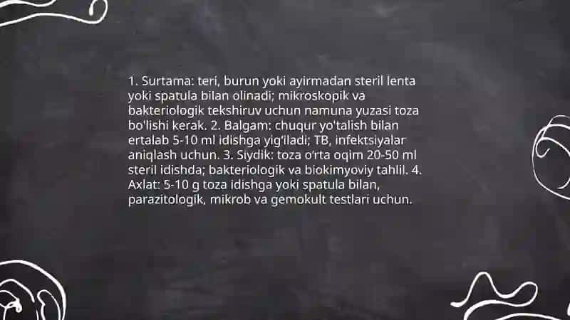 Laborator tekshiruvlardan surtama olish balĝam siydik va axlat yiĝish kònikmalari haqida to'liq malumat ber 4