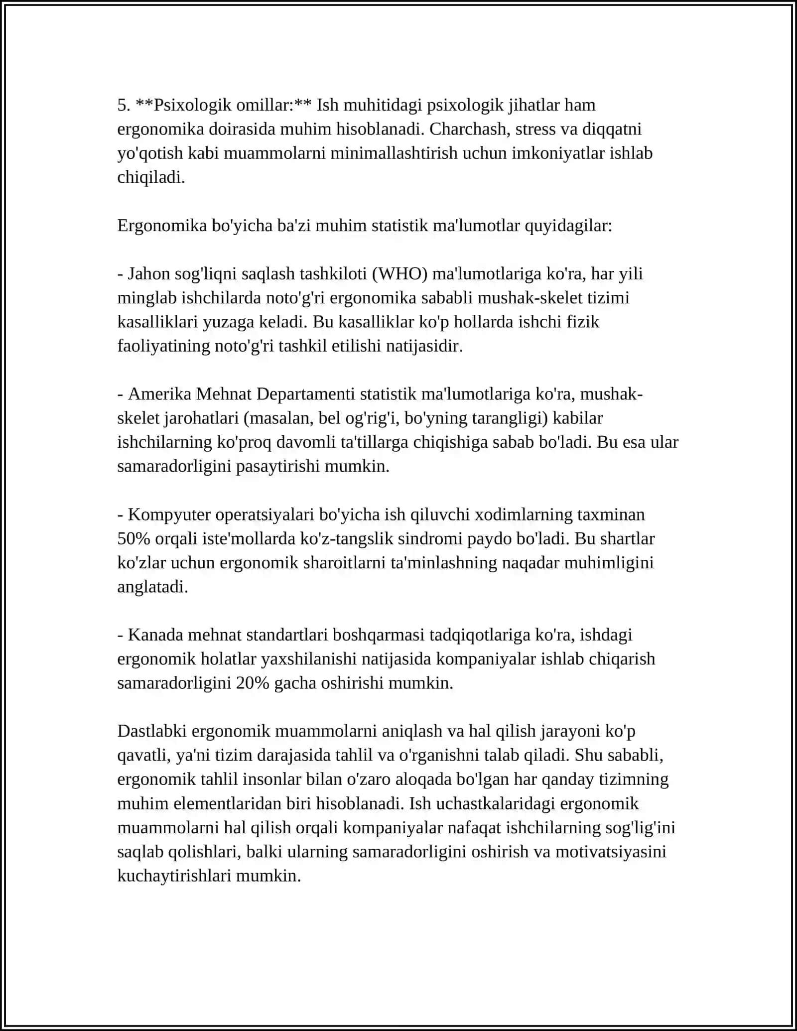 FAOLIYAT XAVFSIZLIGINI TA'MINLASHNING ERGONOMIK KO'RSATKICHLARINI TAHLIL QILISH 4